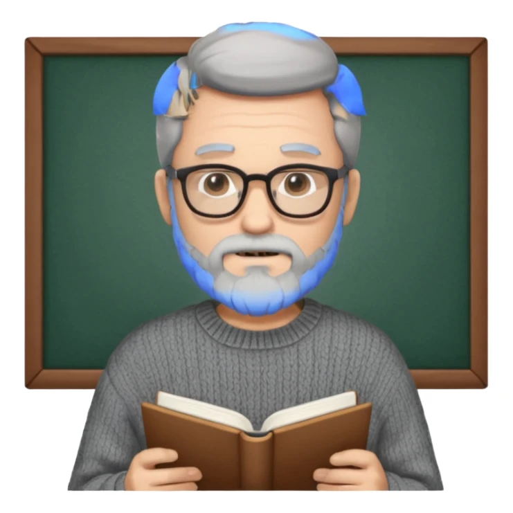 A man with a large gray beard, dark hair, and glasses, studying. sticker