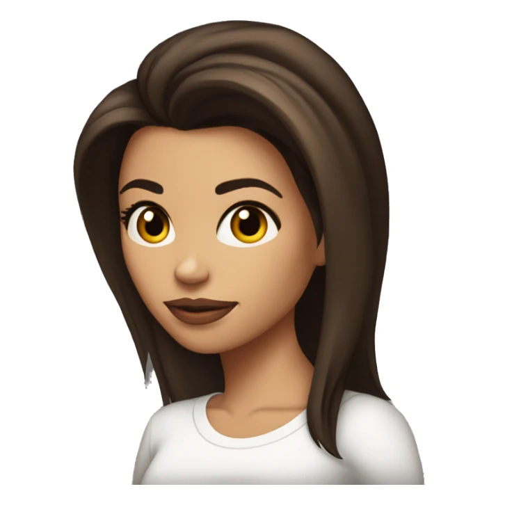 3/4 face, contrasted, shadow, light, Eva Longoria expression, thin nose, brunette woman, hazel eyes, long eyelashes, dark shoulder shaded hair, white t-shirt sticker