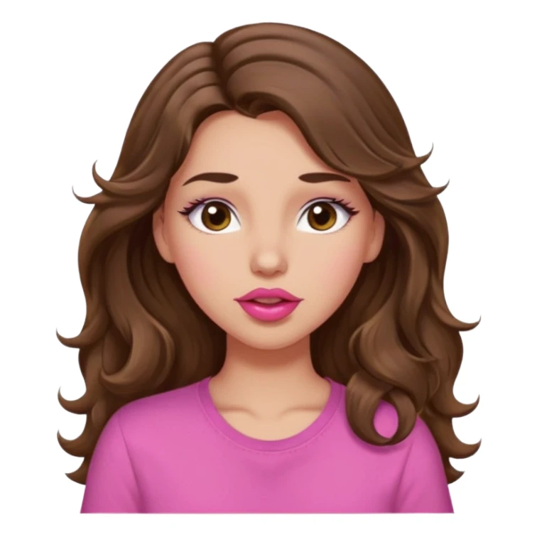 girl with long wavy brown hair, brown eyes, light to medium complexion, in a pink shirt, pink lips, long lashes, puckering lips kissing, winking sticker