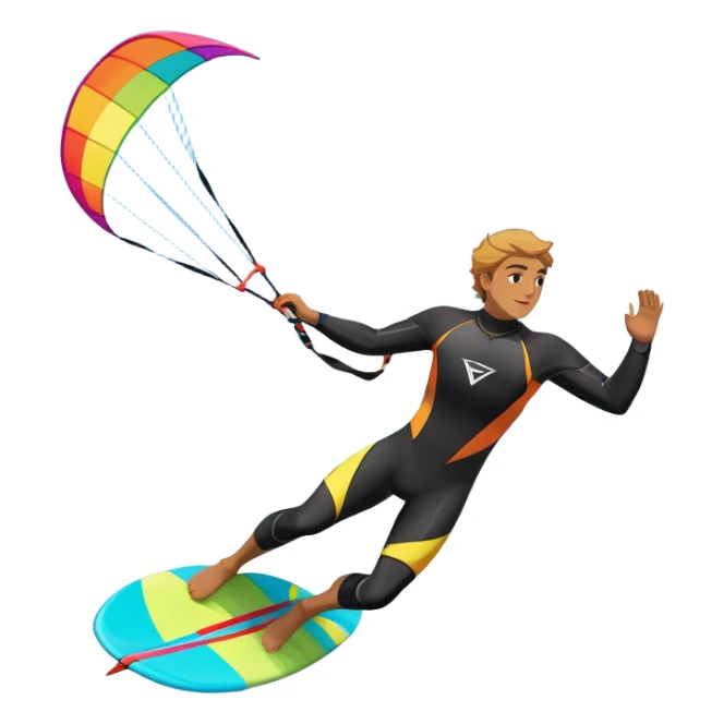 A kite surfer gliding across the ocean, with a colorful kite soaring high in the sky and the surfer carving through the waves. The scene captures the energy and freedom of the sport, with the sun shining and the ocean's waves splashing around. sticker