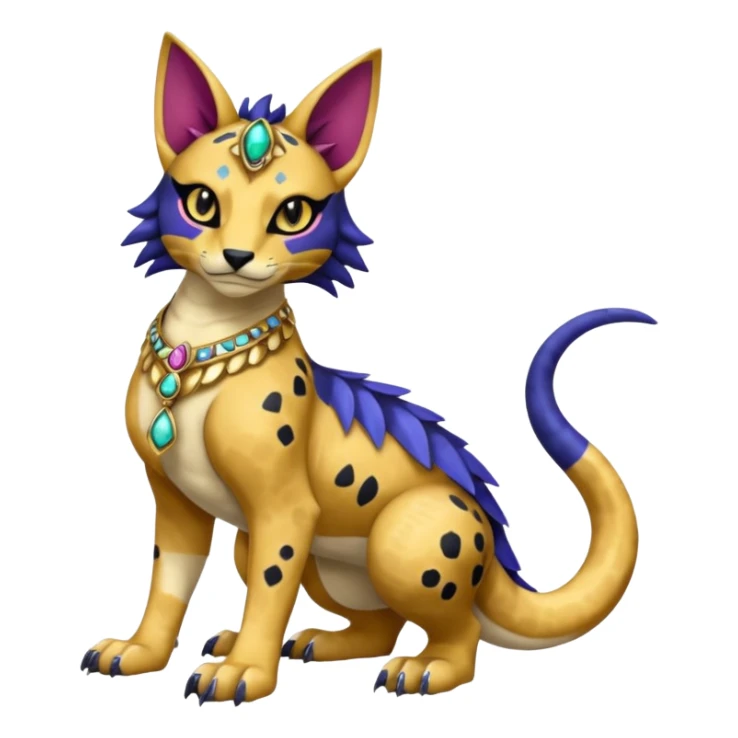 Egyptian furry hyper-realistic colorful with black rosette-splotches, scaley Bastet-Liepard-Noibat-Gatomon-Garchomp-Digimon-Fakémon-Pokémon-creature (full body) sticker