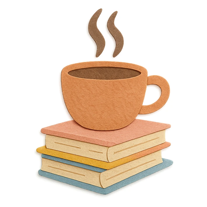 coffee cup with stack of books, cozy hand-drawn pastel style sticker