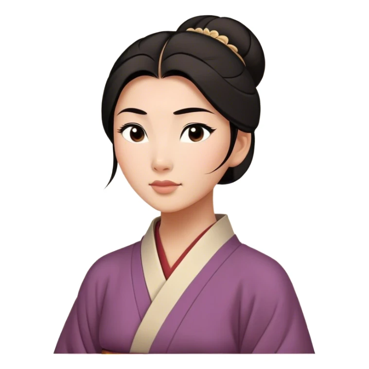 Cinematic Serene Mulan Portrait Emoji, rendered in a simplified vector style. Depict a gentle Mulan (chest and above) with warm, radiant skin, sleek dark hair pulled back in a neat bun, and a calm, thoughtful expression, wearing a simple traditional robe in muted hues. The design glows softly with an elegant, inviting light. sticker