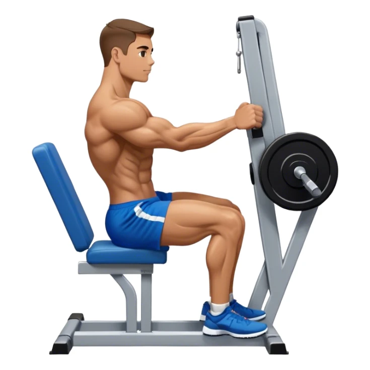 side-view bodybuilder in blue shorts seated weighted calf-raise machine on his tip toes sticker