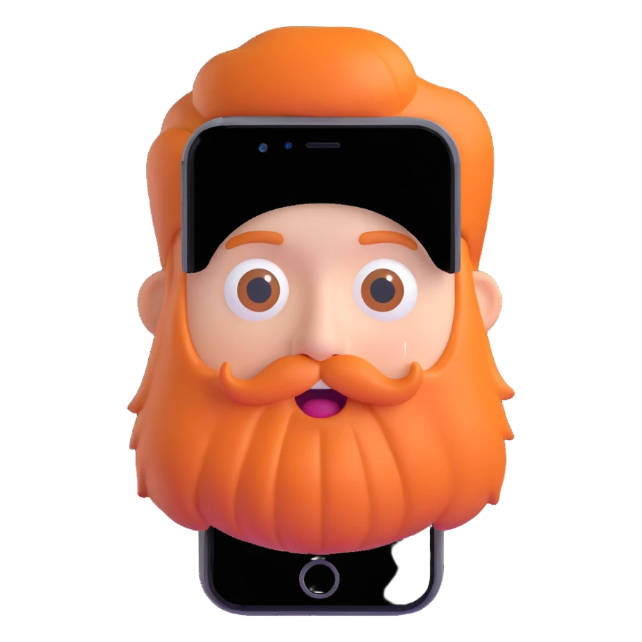 bold man with beard speaking on an iPhone, animoji style, surprised expression, 3D look sticker