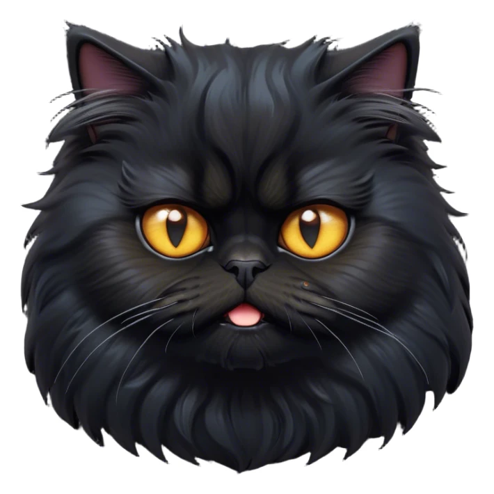 Cinematic Grumpy Frazzled Black Persian Cat Portrait Emoji, Head tilted with an exaggeratedly grumpy expression, fluffy black fur with hints of silver and deep undertones, Simplified yet hilariously frazzled features with large, expressive eyes, highly detailed, glowing with a warm but irritated glow, high shine, a mix of annoyed and disheveled, stylized with a touch of humor, bright but with a completely frazzled and grumpy face, soft glowing outline, capturing the essence of a quirky yet grumpy kitty, so endearing it feels like it could leap out of the screen and demand attention with its wonderfully grumpy, frazzled charm! sticker
