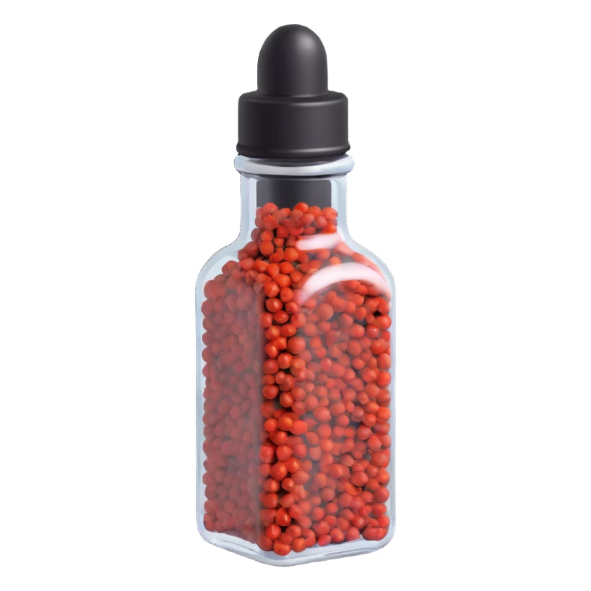 3D style modern design pepper bottle, metallic cap, clear glass, minimalistic background, black pepper sticker