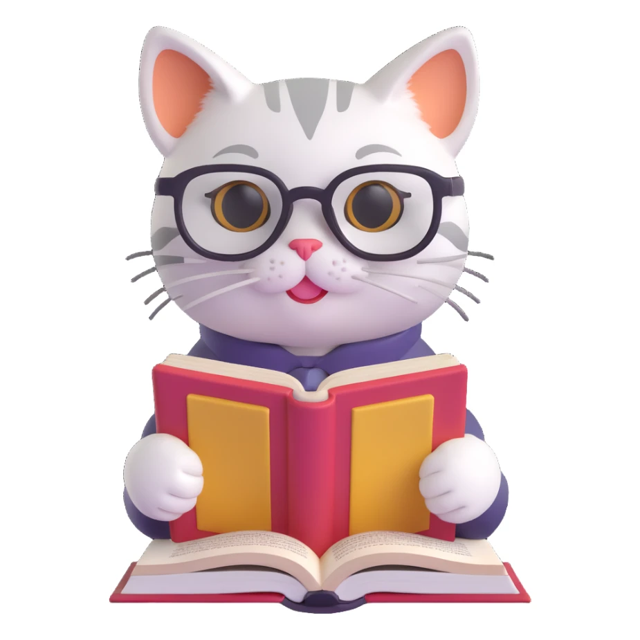 A cat with glasses reading a book, vibrant colors, detailed, playful sticker