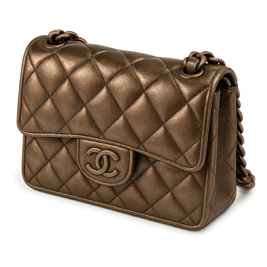 a pink Chanel purse, metallic bronze finish, elegant and shiny sticker