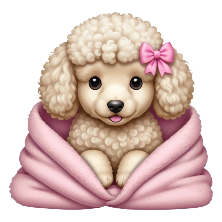 Poodle wearing a pink bow in a cream colored blanket sticker