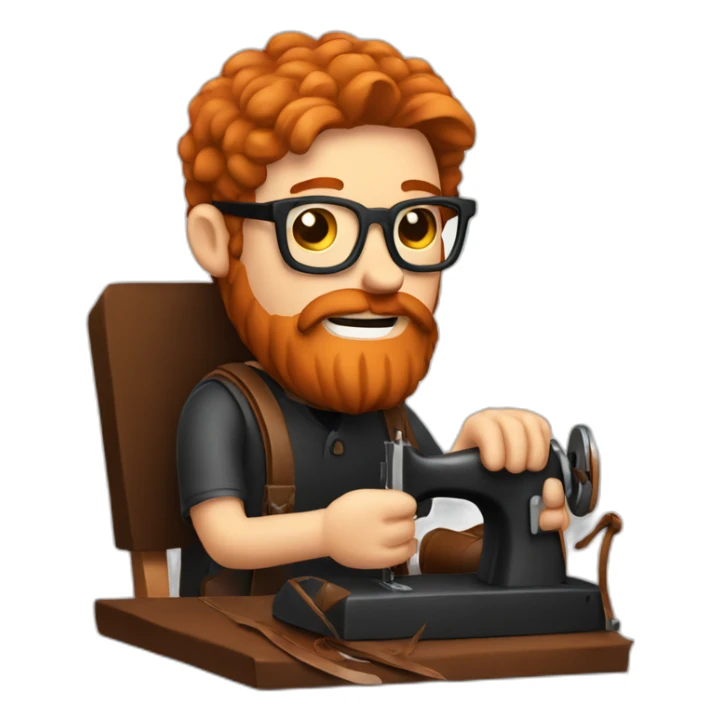 Red haired man with beard and glasses hand sewing a leather saddle sticker