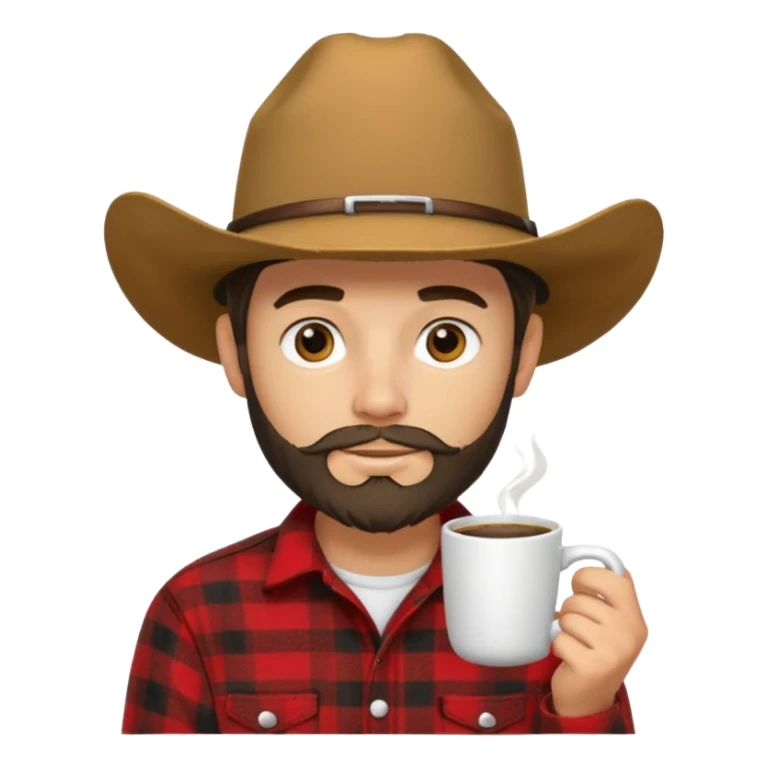generate an ios genmoji of a 20 year old tan boy with a cowboy hat and side burn beard. Wearing a flannel and carrying a coffee mug sticker