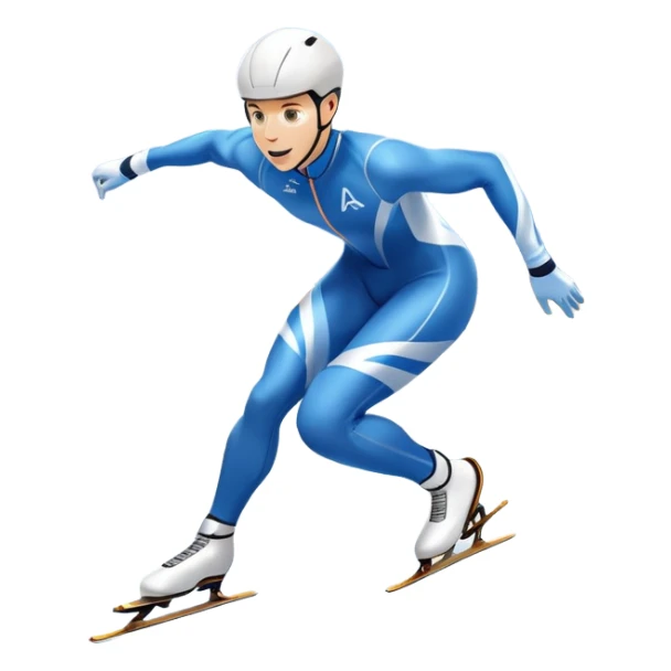 An icon showing a speed skater in a dynamic pose racing on a professional ice track, dressed in an aerodynamic suit. The scene includes a stadium with cheering crowds, icy reflections, and a snowy mountain backdrop. Transparent background captures the speed and intensity of the sport. sticker