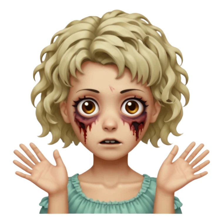 Cabelo ondulado  um pouco cheio e franja curta  Olhos marrons e pequenos e feita d ezumbi mais bonita com cabelo amarro na e com as mãos assim tipo assim🧟‍♀️ sticker