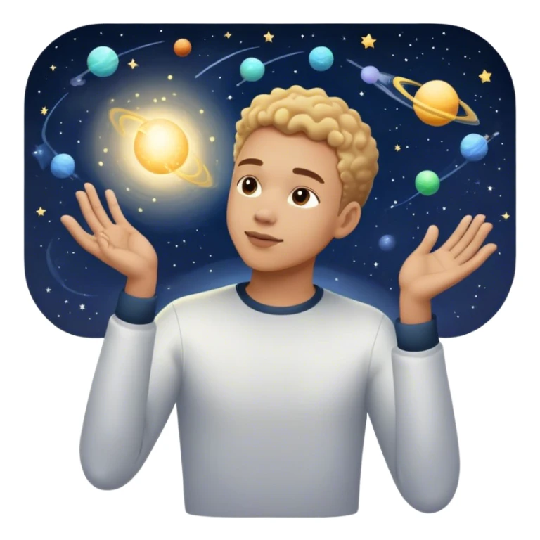 A young man floats in space, touching a particle that glows and expands, shaping the universe around him. Each touch creates new light, symbolizing how his choices build his own reality. sticker