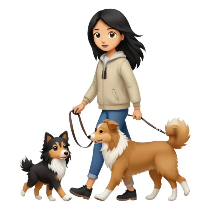 A girl with long black hair walking with a light brown collie sticker