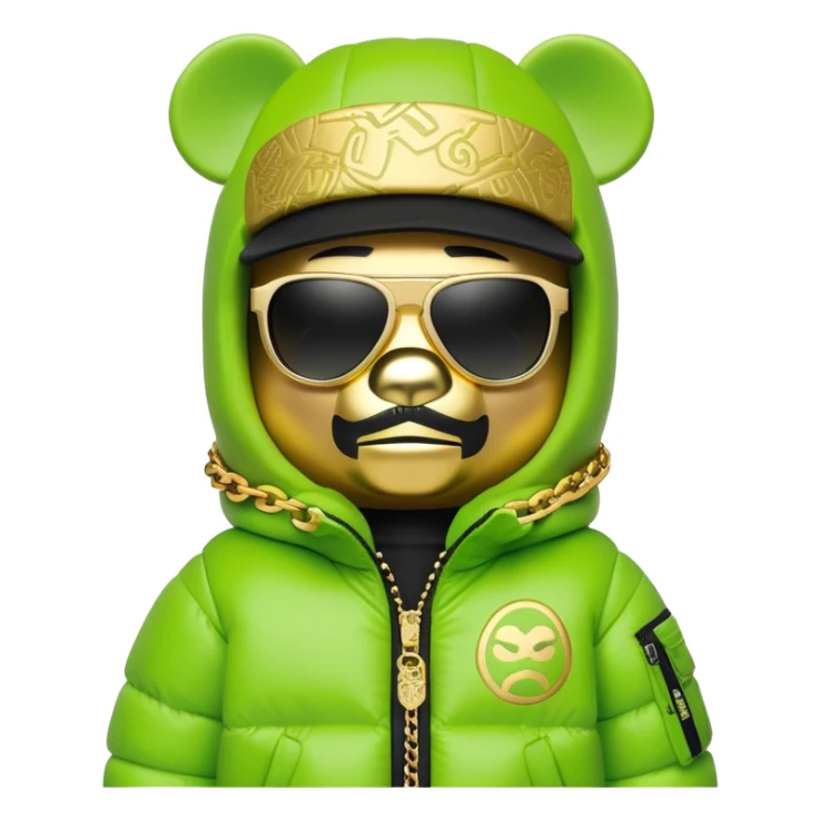 bearbrick toy with cubic head wearing a lime green balaclava with graffiti logos, wide single-piece visor sunglasses spanning entire face width, not divided for eyes, oversized puffy jacket with fur hood, gold chains sticker