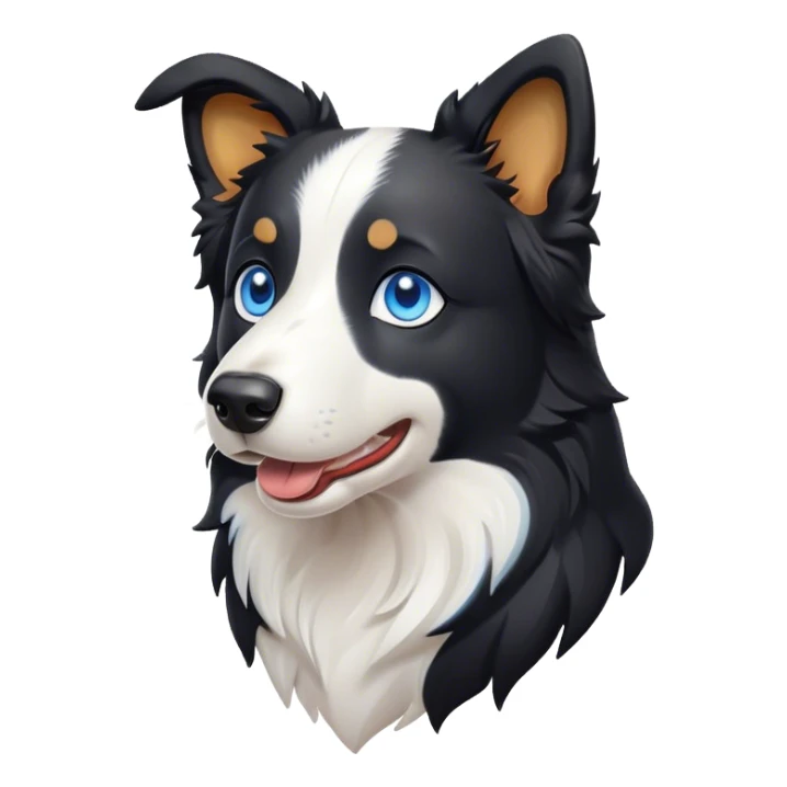 Cinematic Cute Border Collie Portrait Emoji, Head tilted playfully and inquisitively, with a sleek black and white coat and bright, sparkling blue eyes filled with curiosity, Simplified yet irresistibly adorable features, highly detailed, glowing with a warm, friendly glow, high shine, energetic and affectionate, stylized with a touch of whimsy, bright and endearing, soft glowing outline, capturing the essence of a mischievous yet loving pup, so playful it feels like it could bound out of the screen and into your arms! sticker