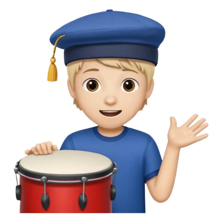 A young boy with a cap, wearing team colors, banging a small drum excitedly. sticker