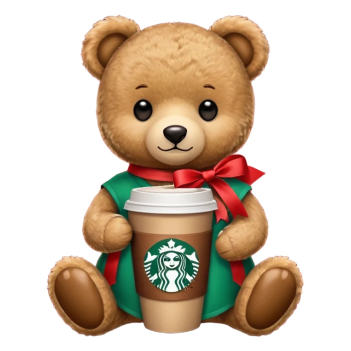 smooth texture teddy bear with red ribbon and starbucks coffee sticker