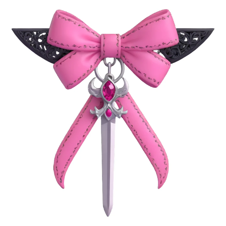 3D emoji style pink bow with gothic effect, black lace trim, silver dagger charm, and deep pink gemstone sticker