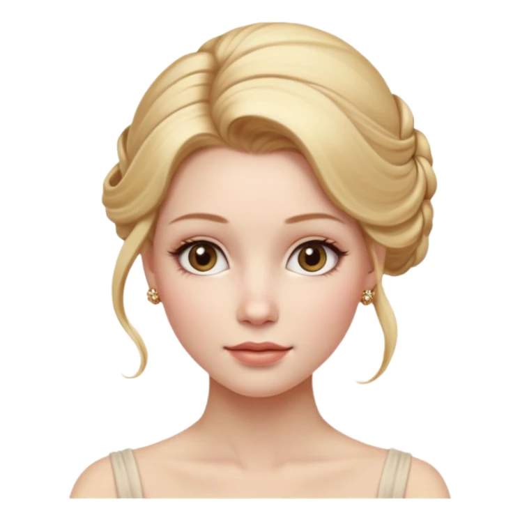 Cinematic Realistic Rococo Portrait, depicted with lifelike skin texture, subtle rosy undertones, and soft natural lighting that enhances the gentle contours of her face. Her intricately detailed golden blonde hair is elegantly styled in an updo, sticker