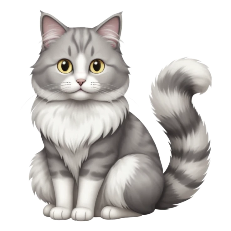 a very fluffy big grey and white cat sitting regally sticker