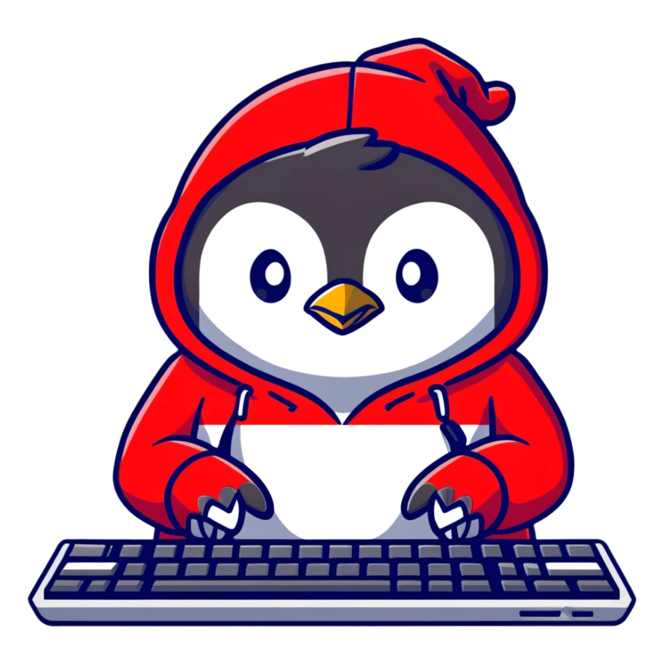 A penguin wearing a red hoodie looking focused while typing on a mechanical keyboard sticker