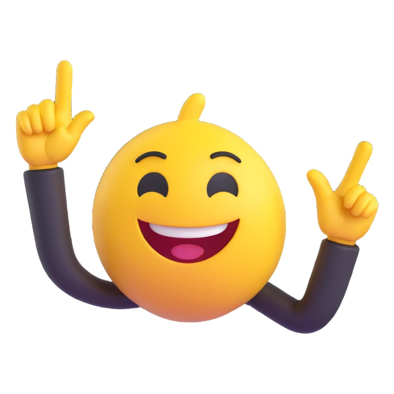 A 2D cartoon-style yellow emoji with a mischievous smile, shaped eyes, and both hands pointing upward with index fingers.  clean digital style, and a fun, dancing expression. Style similar to children’s drawing tutorials, dancing expression. No background, isolated on white.  sticker