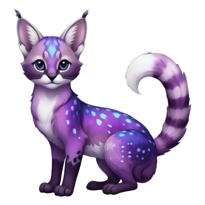 Colorful black-violet-indigo-purple-gradients nebulae nebula starry galactical shiny white-stars-spotted glorious iridescent divine exotic cute cool beautiful realistic caracal-civet-genet-sergal-vernid-Cacomistle-Trico-oncilla-animal-Fakémon-hybrid-fursona (full body) sticker