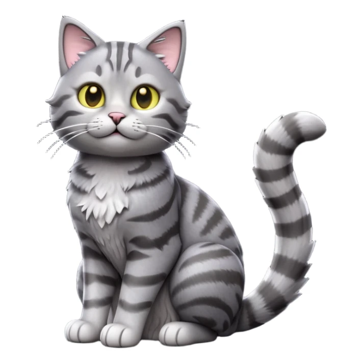 cinematic-[grey tabby cat]-realistic-full-body-sitting-emoji,-tail-curled-playfully-around-its-paws,-head-tilted-dramatically,-scruffy-[grey]-fur,-simplified-yet-realistic-focused-features,-highly-detailed,-glowing-with-an-almost-sarcastic-glow sticker