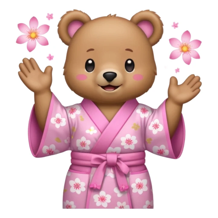 A cute light-brown bear wearing a pastel pink sakura-patterned kimono, normal balanced body ratio.  
Clapping hands cheerfully with a big bright smile and small spark effects around.  
Kawaii emoji style, minimalistic clean sticker illustration, white background.
 sticker