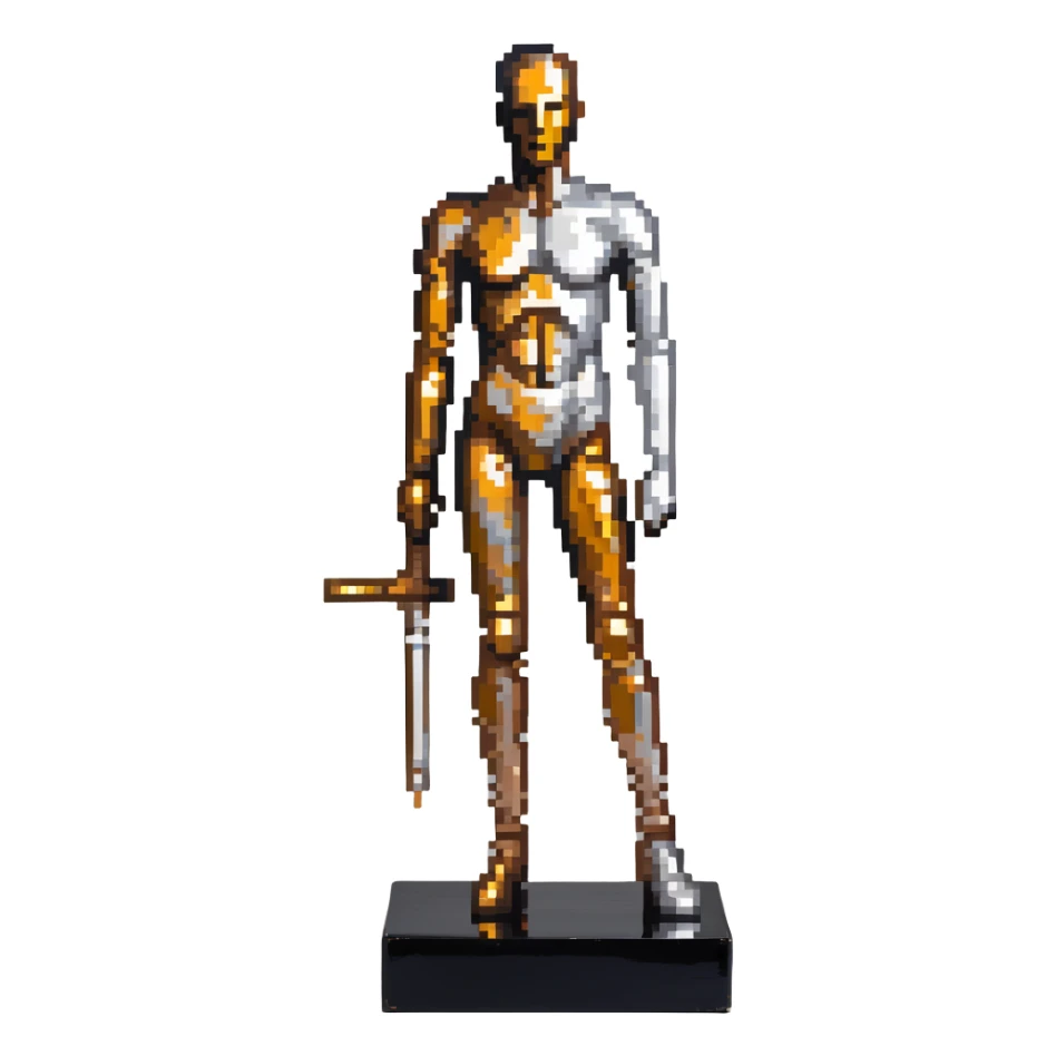 A paintbrush transforming into a silver metallic human silhouette sculpture with bronze accents, symbol of artistic identity sticker