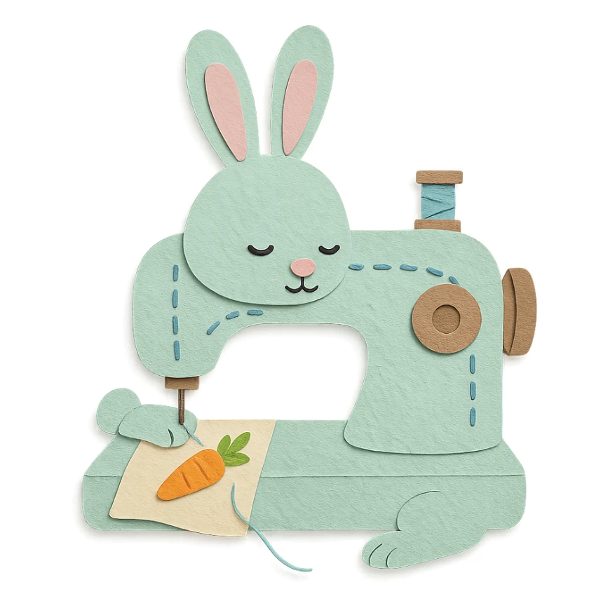 soft mint pastel sewing machine rabbit, fluffy, stitching a tiny carrot pattern, full-body sticker