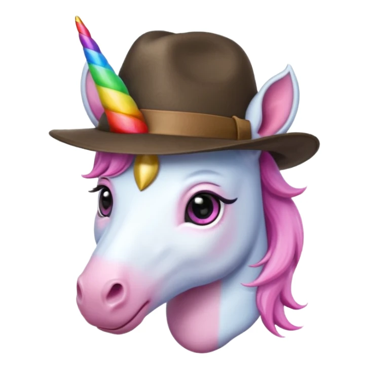 unicorn face cute wearing fedora, horn piercing through the hat sticker