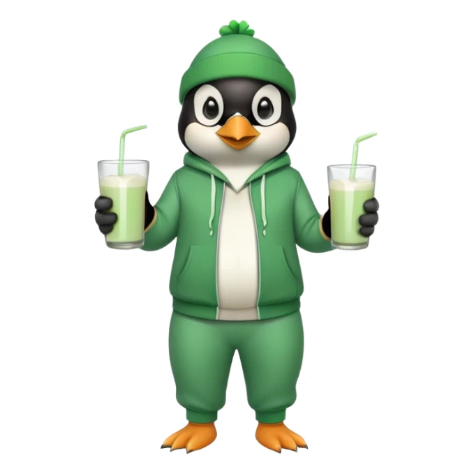 full body friendly anthropomorphised penguin wearing green mafia-style tracksuit, angry intense brooding posture, holding glass of milk, shamrock accessory sticker