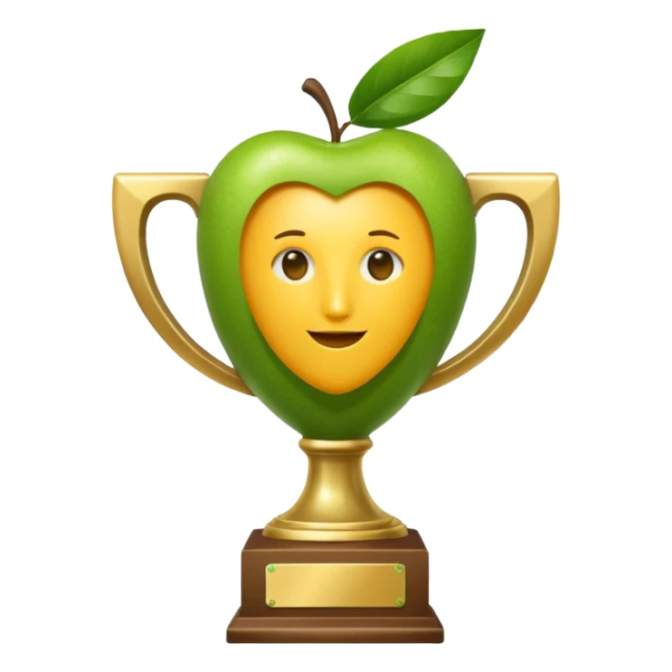 apple style emoji, a normal trophy but the cup is a mango with a leaf and trophy arms, no face sticker