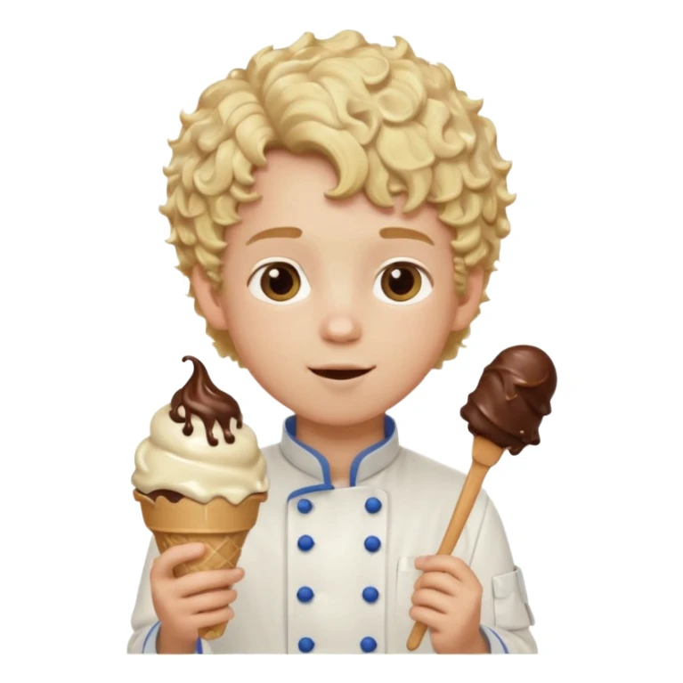 boy blonde curly hair, chef, eating big chocolate ice cream sticker