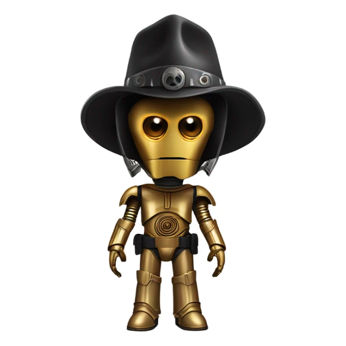 battle rough and tough bounty hunter c3Po wearing Satan’s leather outfit with guns and wide-brim hat on head. walking sticker