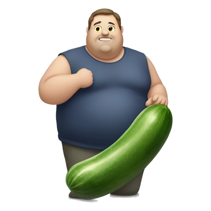 very overweight man holding a large cucumber sticker