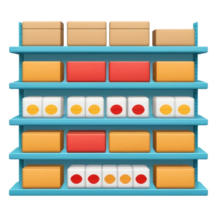 "Minimalist Japanese retail shelf display, products arranged in identical horizontal rows, with multiple units of each item placed directly behind one another, vertically varied by type, clean spacing, precise symmetry, soft neutral lighting, front-facing packages, ultra-detailed." sticker