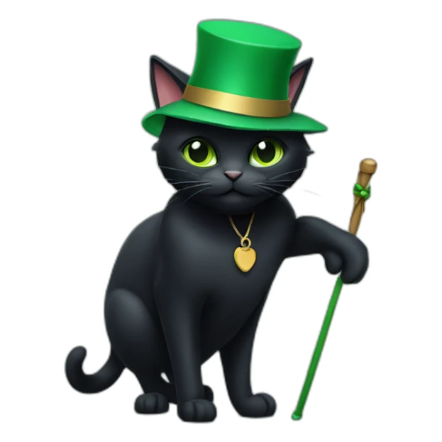 A black cat with a green hat and a staff sticker