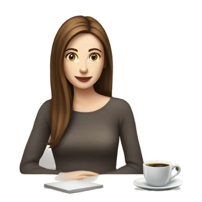 Side view realistic posh brown straight haired pale woman sits at the coffee table sticker