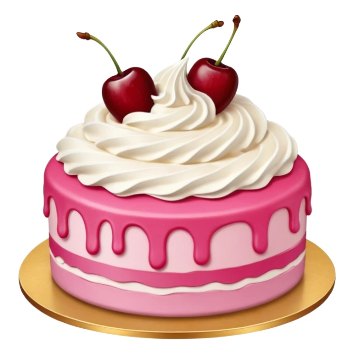 Round pink frosted cake with textured buttercream sides, placed on a gold cake board.
White whipped cream swirls on top, each topped with glossy red cherries with stems, clean studio lighting, isolated background, realistic minimal emoji-style. sticker