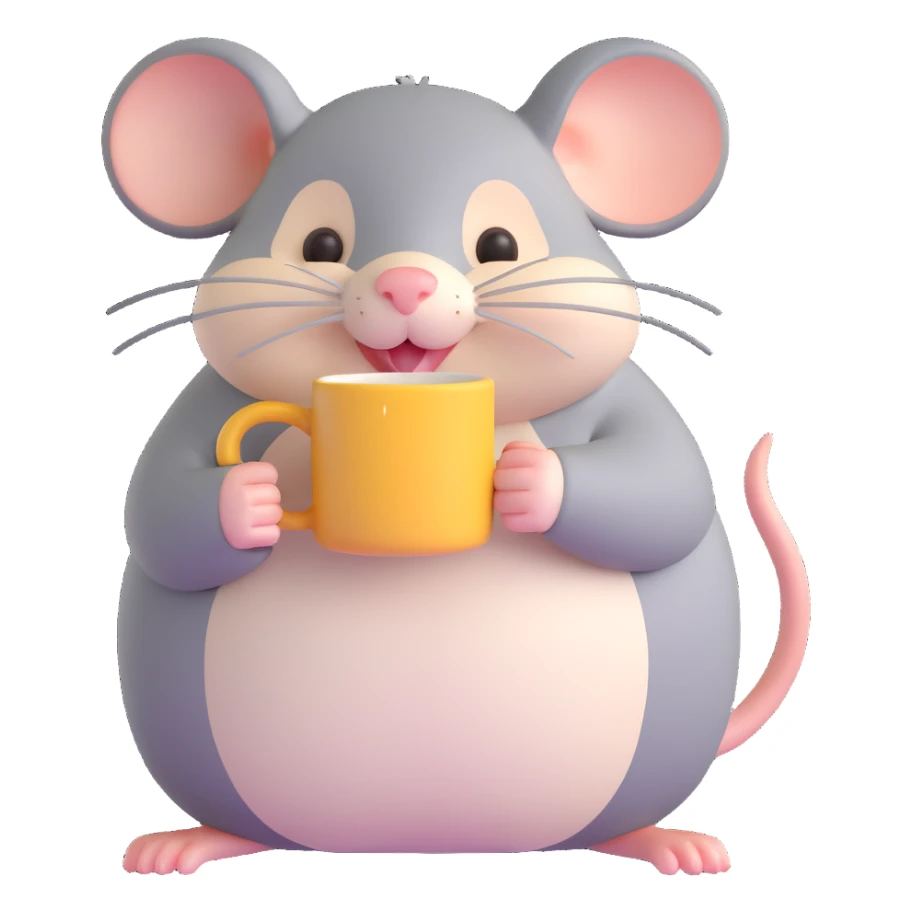 a chubby rat holding a mug, cute 3D style, adorable and soft sticker