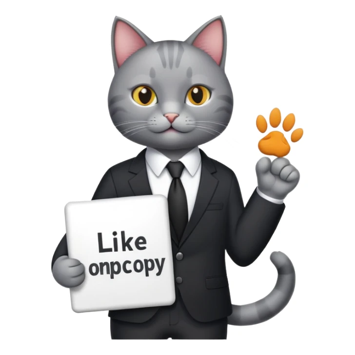 A cat in a black business suit holds a sign with the inscription "PrimeCopy" with one paw and shows a like with the other paw sticker