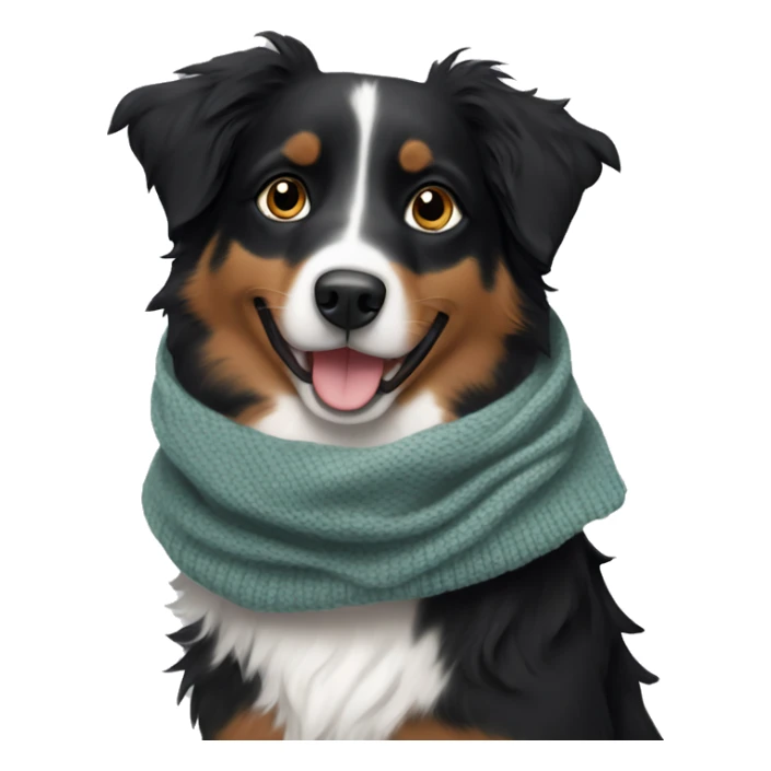 Small black australian shepherd dog wearing a knit scarf sticker