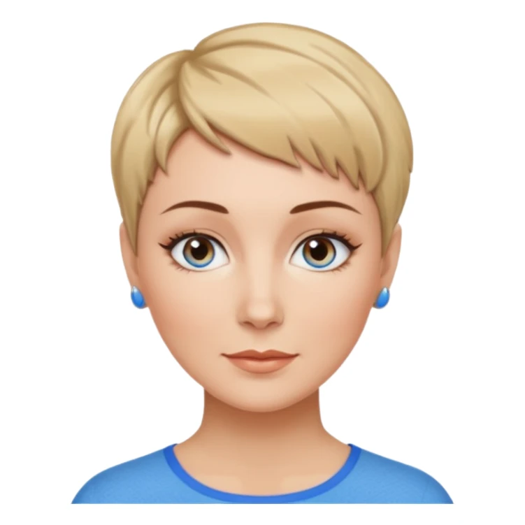 Frau, helle Haut, brauner Pixie schnitt mit blonden Spitzen, blaue Augen, mittleres alter sticker