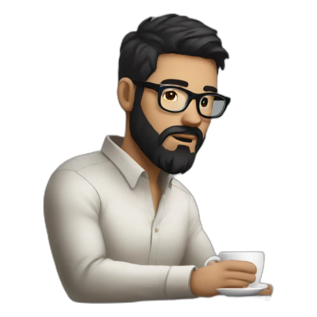 Designer with black hair, beard and glasses working with MacBook and drinking cappuccino  sticker