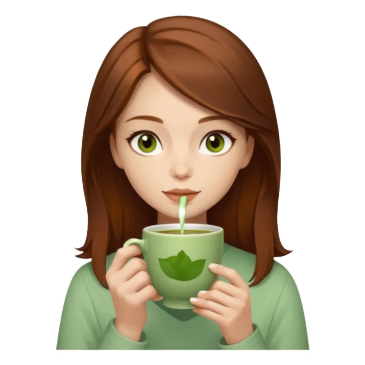 beautiful brunette with a slightly auburn hair color, with dark hazel eyes (let's call her kami), sipping matcha sticker